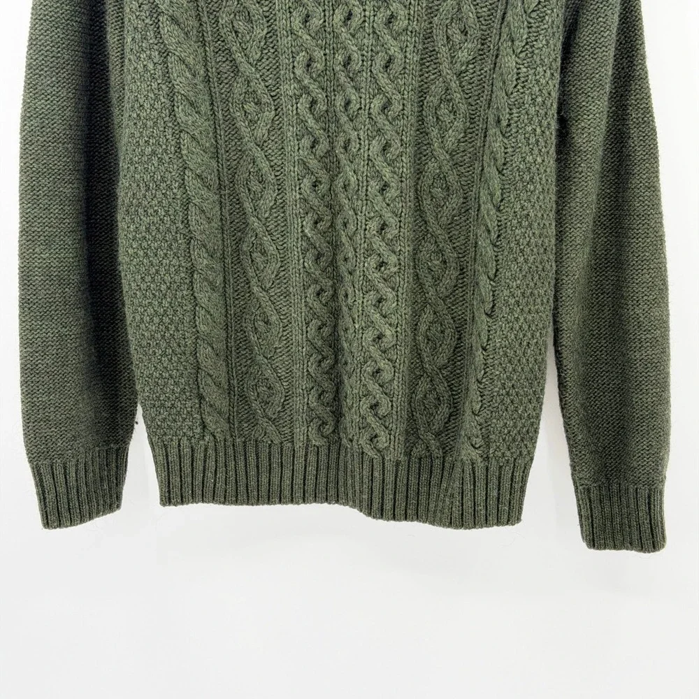 Dark Green Italian Fisherman Sweater L Shawl Collar Cable Knit Wool Blend Cozy